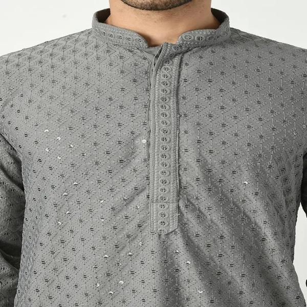 Grey Chikankari Straight Kurta Set