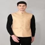 Beige Solid Woven Nehru Jacket
