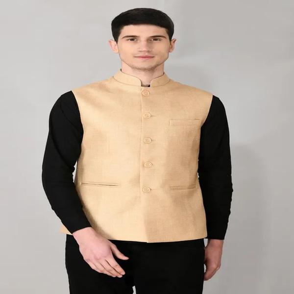 Beige Solid Woven Nehru Jacket