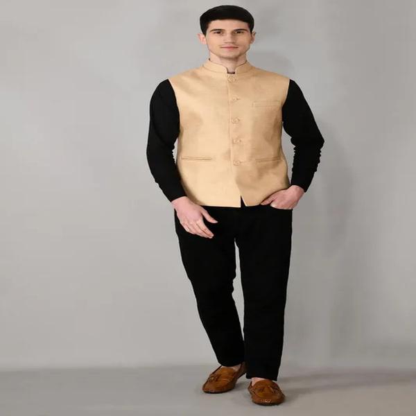 Beige Solid Woven Nehru Jacket