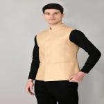Beige Solid Woven Nehru Jacket