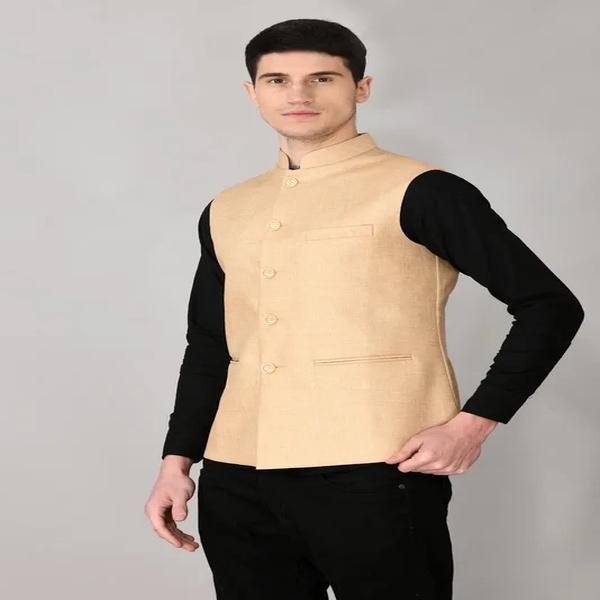 Beige Solid Woven Nehru Jacket