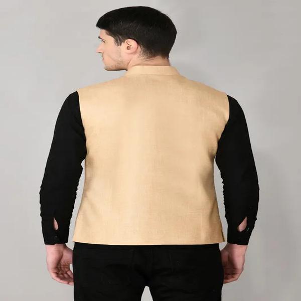 Beige Solid Woven Nehru Jacket