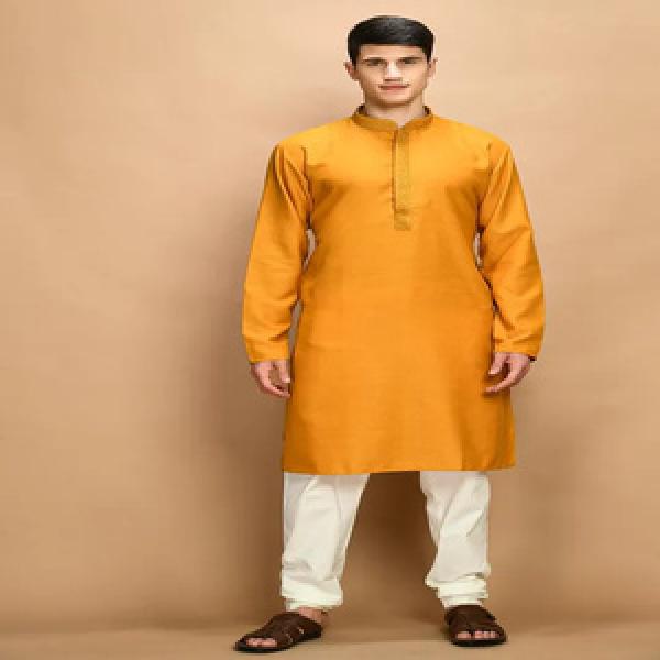 Mustard Yellow Solid Thread Work Straight Kurta Set