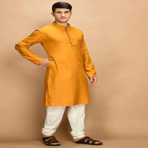 Mustard Yellow Solid Thread Work Straight Kurta Set