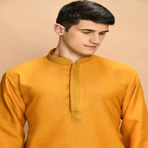 Mustard Yellow Solid Thread Work Straight Kurta Set