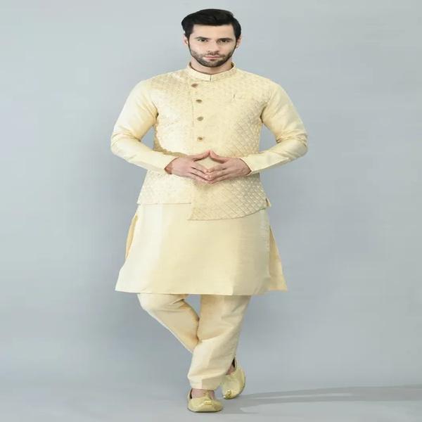 Beige Embroidered Kurta Churidar with Floral Printed Nehru Jacket