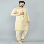 Beige Embroidered Kurta Churidar with Floral Printed Nehru Jacket