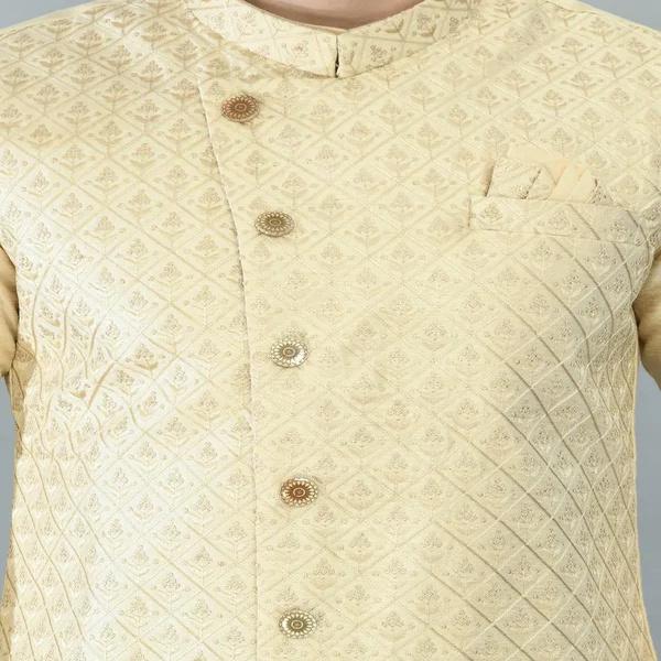 Beige Embroidered Kurta Churidar with Floral Printed Nehru Jacket